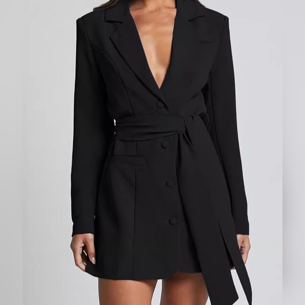 Stylish Black Tie Waist Blazer Dress